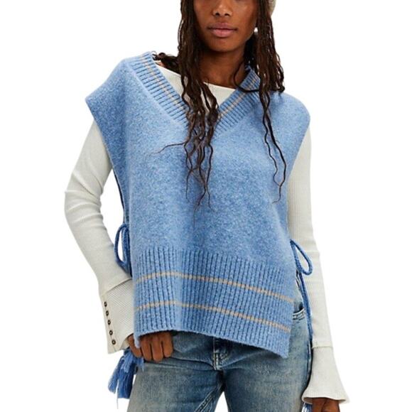 Free People Tops - Free People All Star Striped Poncho Vest OS Blue Tassel Tie Boho Knit